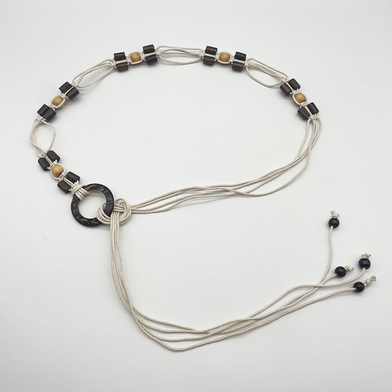 波西米亚风专供二批复古风腰带手工编织蜡绳编织木珠椰圈腰带民族