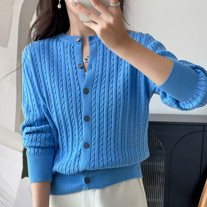 Autumn and Winter New Style Cotton Striped Sweater Korean Style Round Neck Twist Knitted Cardigan Outer Top Women's Jacket Wholesale