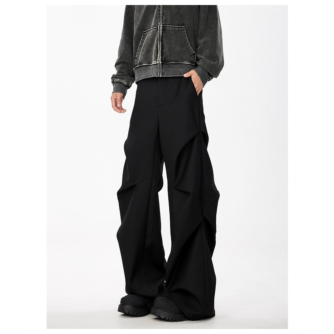 American-Style Niche Pleated High-End Black Dress Pants for Men, Loose Straight-Leg Drape Floor-Length Flared Casual Pants for Teenagers