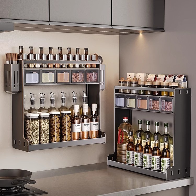 Kitchen Condiment Storage Rack Wall-Mounted Punch-Free Condiment Rack Condiment Bottles Multi-Functional Multi-Layer Storage Rack