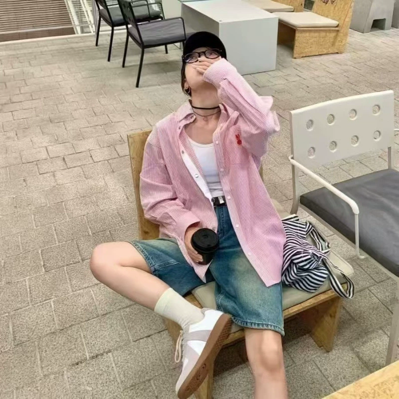 Корейская сладкая розовая полосатая рубашка женская весенне-осенняя тонкая куртка нишевые дизайнерские чувства топ с длинными рукавами рубашка