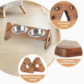 复古木质宠物碗架斜口双碗猫咪食盆喂食器家居宠物餐桌饮水碗架