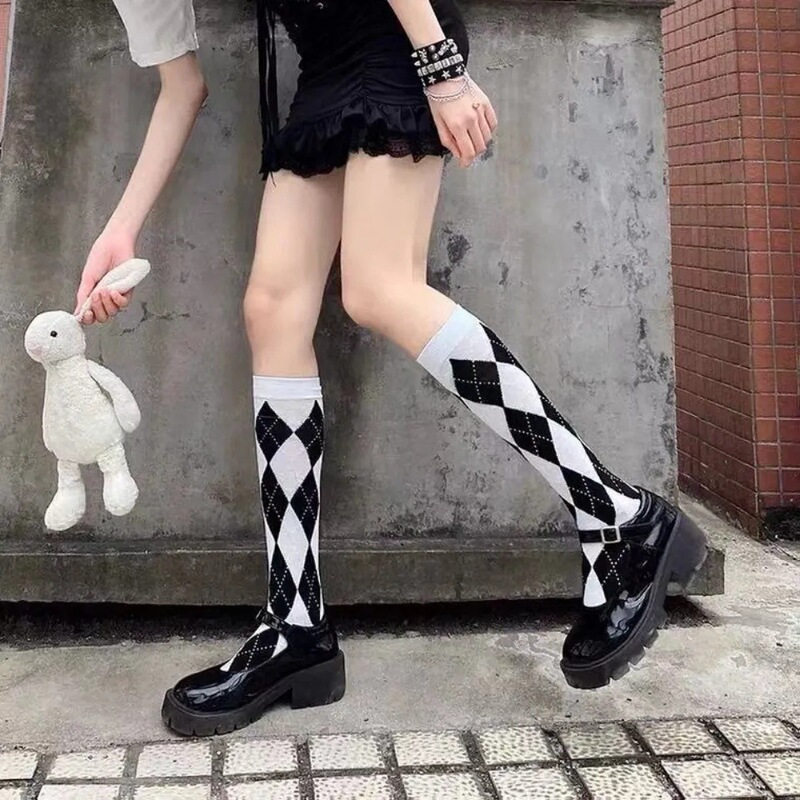 秋の新作jkカーフソックス、菱形格子柄ソックス、女子学生向けミレニアムレトロins風カーフソックス|undefined
