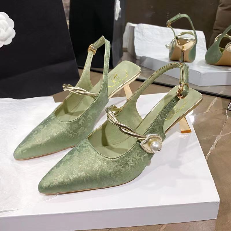 Mint Green New Chinese Style Shoes Lady Retro 2025 Summer New High-Heeled Sandals Flats Elegant with Cheongsam