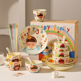 Family of Four Parent-Child Tableware suit Gift Giving Household Dishes Ceramic Bowl Fatty Cartoon Rice Bowl Dishes Tableware