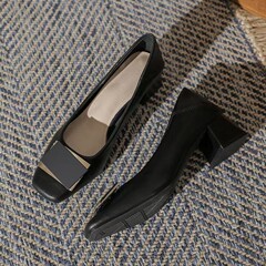 女性用厚底ヒールシングルシューズ 2025 春の新スタイル浅い口スクエアトゥシューテーラードプロフェッショナルハイヒール女性靴スカート付き
