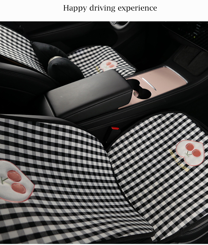 Plaid Cherry Car Cushion Four Seasons Universal Linen Single Piece Goddess Seat Cover Semi-enclosed Breathable Summer Day