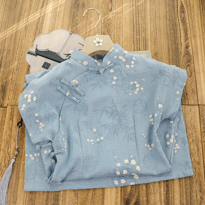 俏娘鱼蓝色素雅复古风短袖旗袍女2025年春季新款改良新中式年轻款