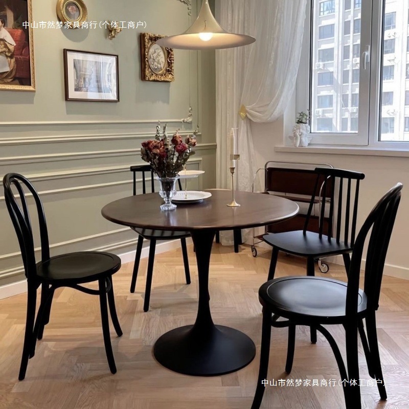 北欧复古郁金香胡桃圆形实木圆桌餐桌家用小户型咖啡阳台|undefined