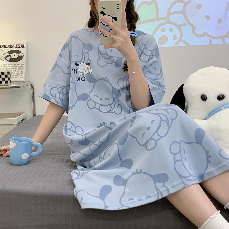 Nightgown for Women, Short-Sleeved, Cotton, Summer, Korean Style, Student Cartoon, Loose, Plus Size, Women's Loungewear, Soft and Lazy Style