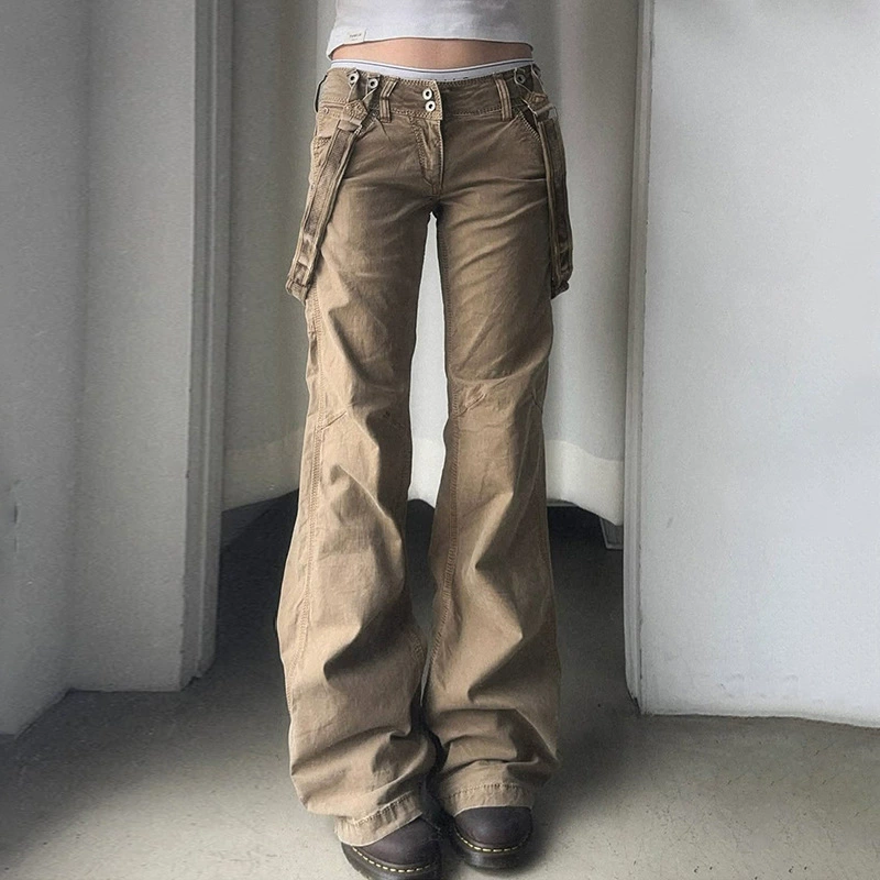 Низкая цена оформления # Джинсы цвета хаки для рабочей одежды, нишевые брюки в американском стиле ретро с заниженной талией