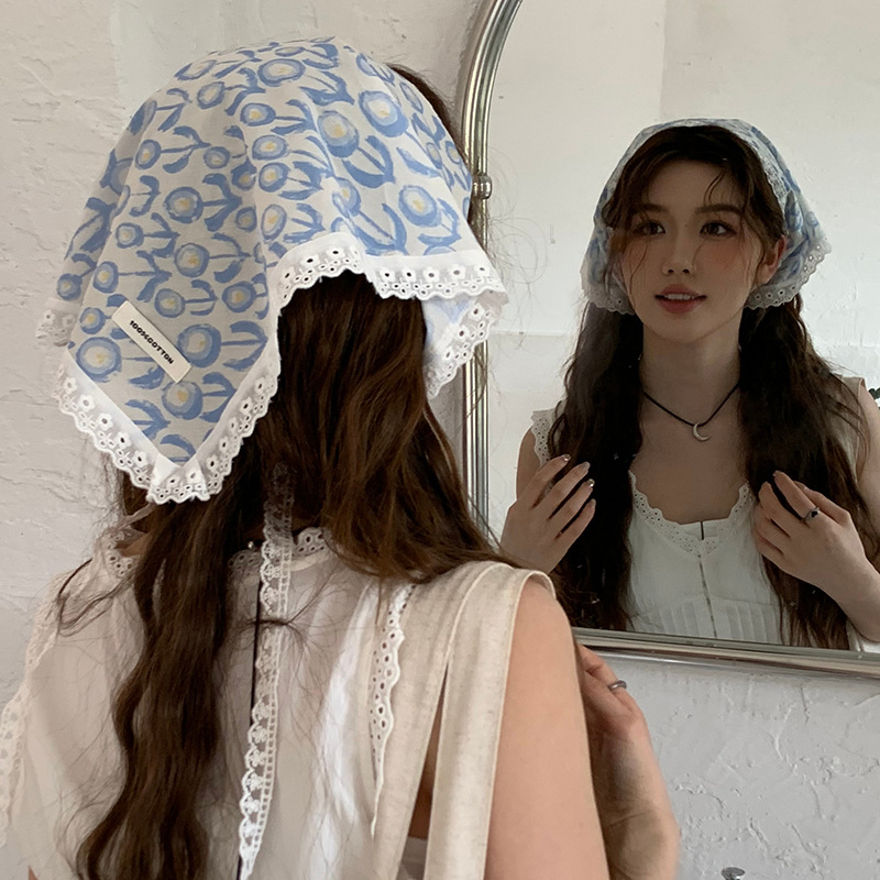 Pañuelo de seda de confinamiento de encaje de diadema francés de alta gama ins pañuelo de playa de fotografía de viaje de verano de alta gama