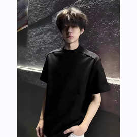黑色高级感cleanfit短袖男款夏季正肩解构拼接T恤纯色重磅半截袖