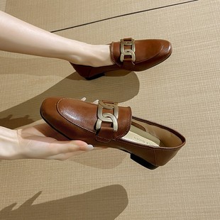Genuine Leather Loafers Women's Flat Brown Vintage Single-layer Shoes British-style Autumn Low Heel Large Size One-step Round Toe Small Leather Shoes