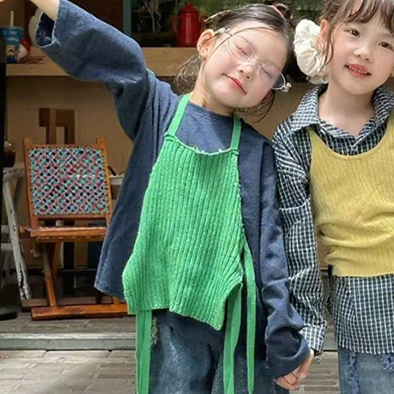 女の子韓国版秋の新作無地ベストチェック柄シャツ2025多用途カジュアルルーズジーンズ4点セット|undefined