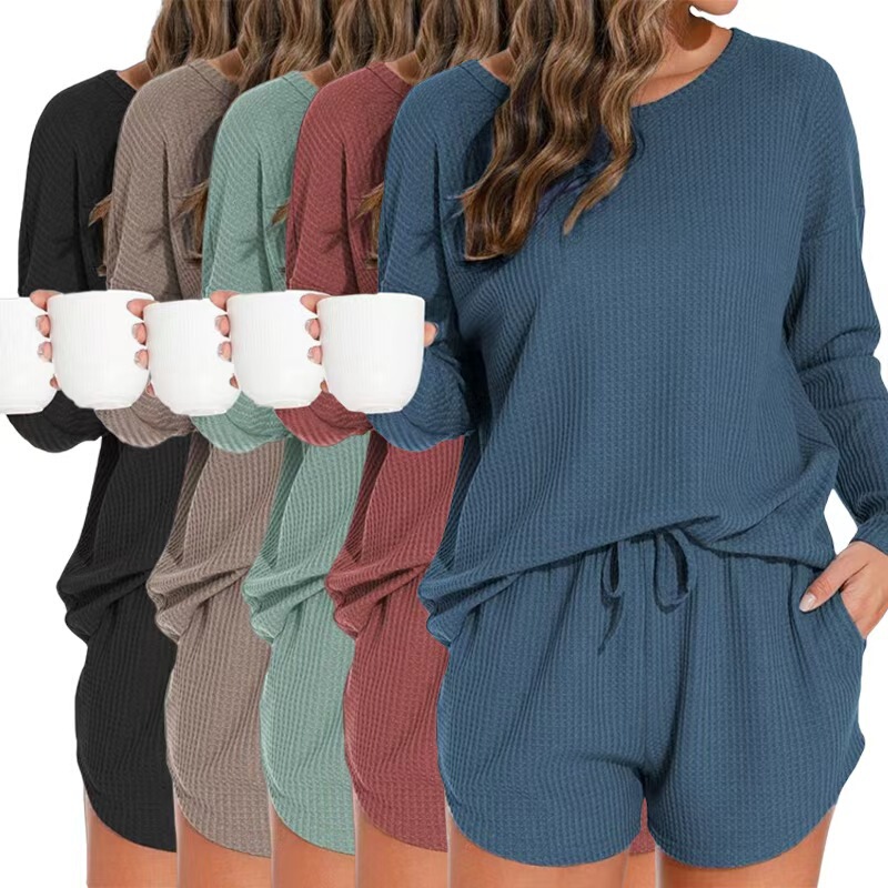 Waffle Knit Women's Pajamas Set Long Sleeve Top and Shorts Matching Lounge Set Can Be Worn Outside Homewear