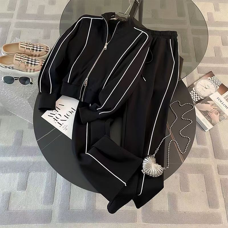 Street-Style Sports Suit for Women, Autumn Fashion Casual Age-Reducing Trendy Zipper Sweatshirt and Wide-Leg Pants Two-Piece Set