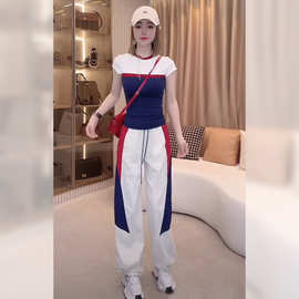 欧货休闲运动风套装女2025夏季设计感上衣T恤短袖高腰长裤两件套