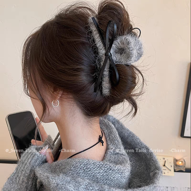 34#Black bow gray wool about 13cm