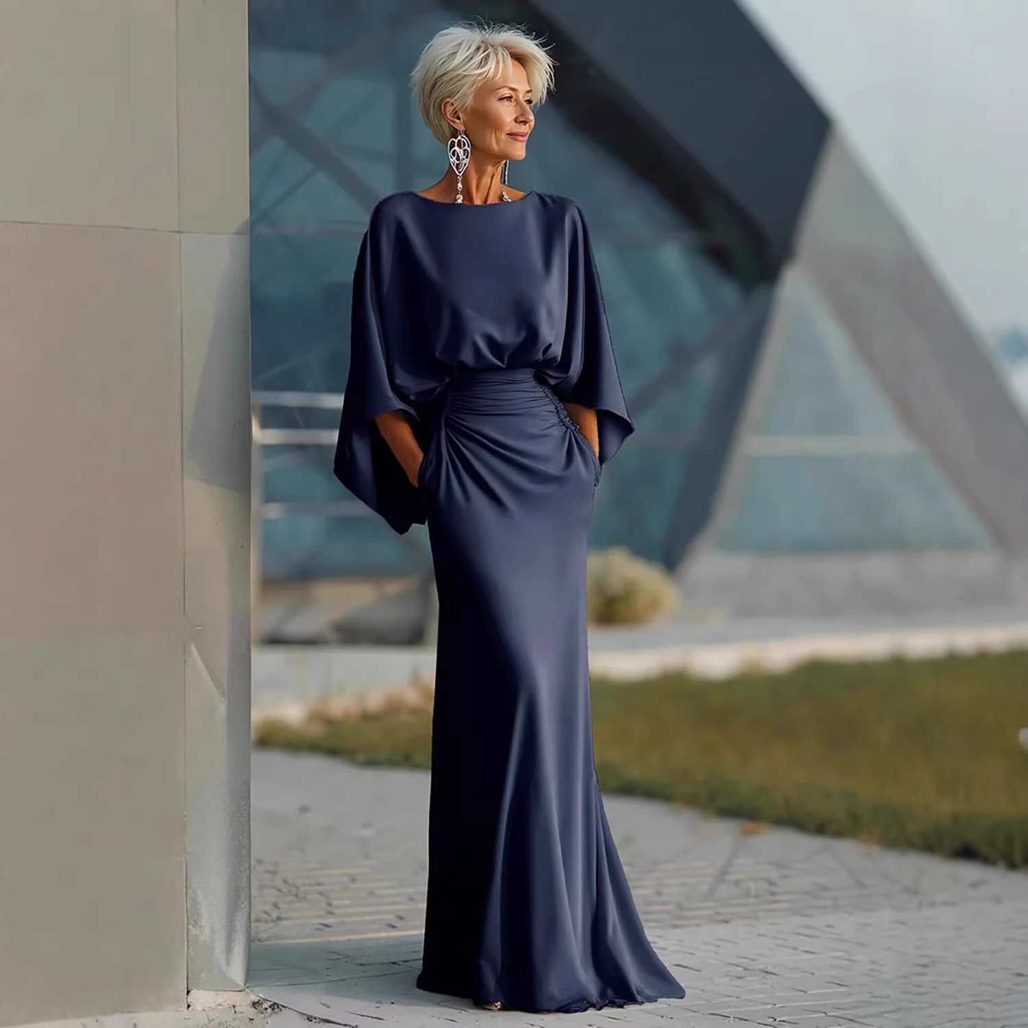 Elegant Backless Pleated Long Dress For Women American Style Slim Fit With Pockets New In Stock_ecoleips.com
