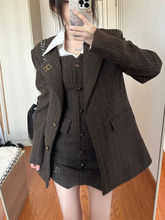 复古感毛呢西装外套冬季新款时尚假两件衬衫连衣裙两件套装女