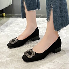 小软皮粗跟单鞋女2025春秋新款浅口晚晚鞋法式气质水钻低跟工作鞋
