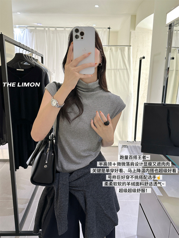 THE LIMON柠檬绿茶2025秋季跑量百搭半高领落肩设计感短袖T恤上衣|undefined