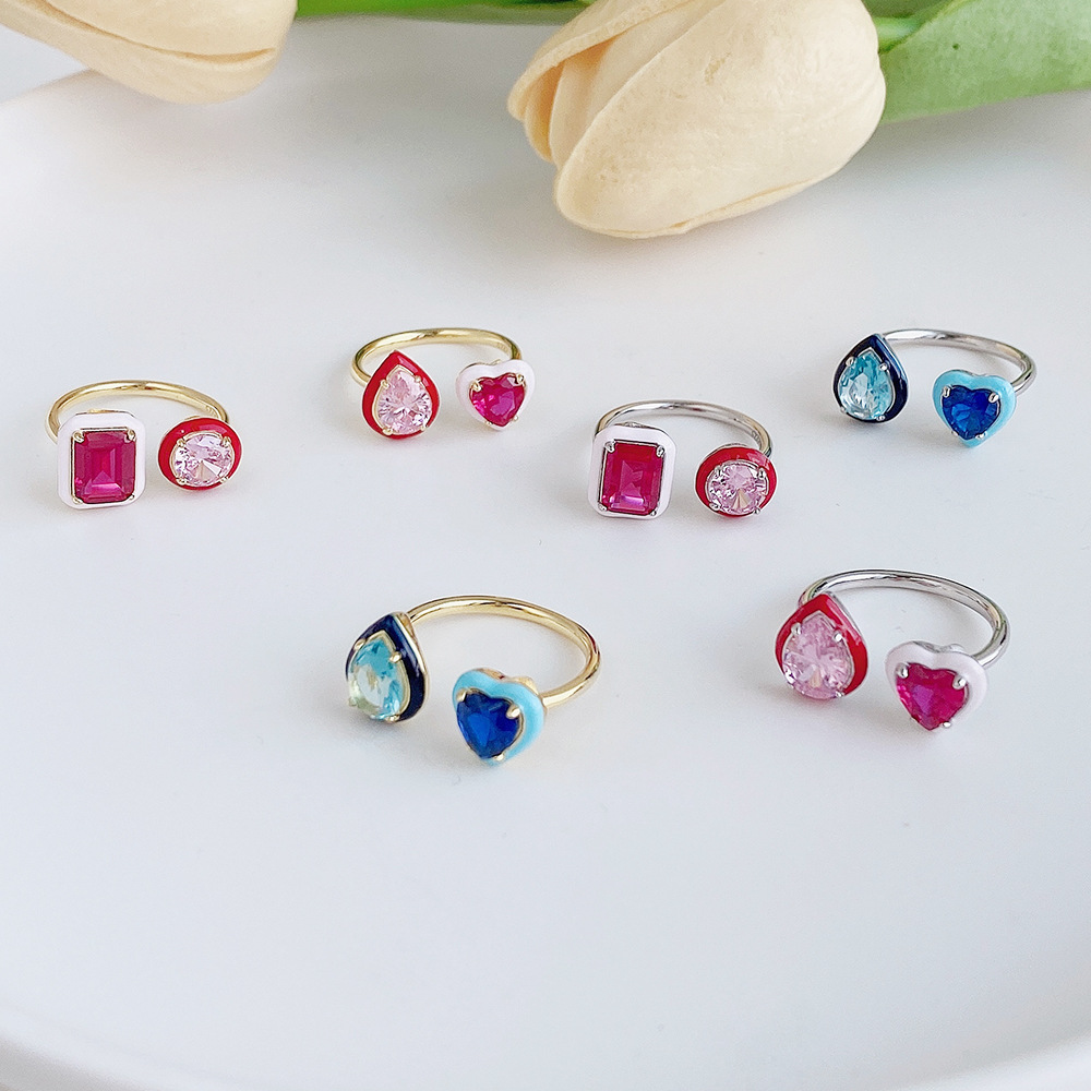 Fashion Water Droplets Heart Shape Sterling Silver Plating Inlay Zircon Open Ring 1 Piece