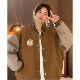 新款撞色拼接美式复古棒球服加绒外套女时尚over size卫衣开衫