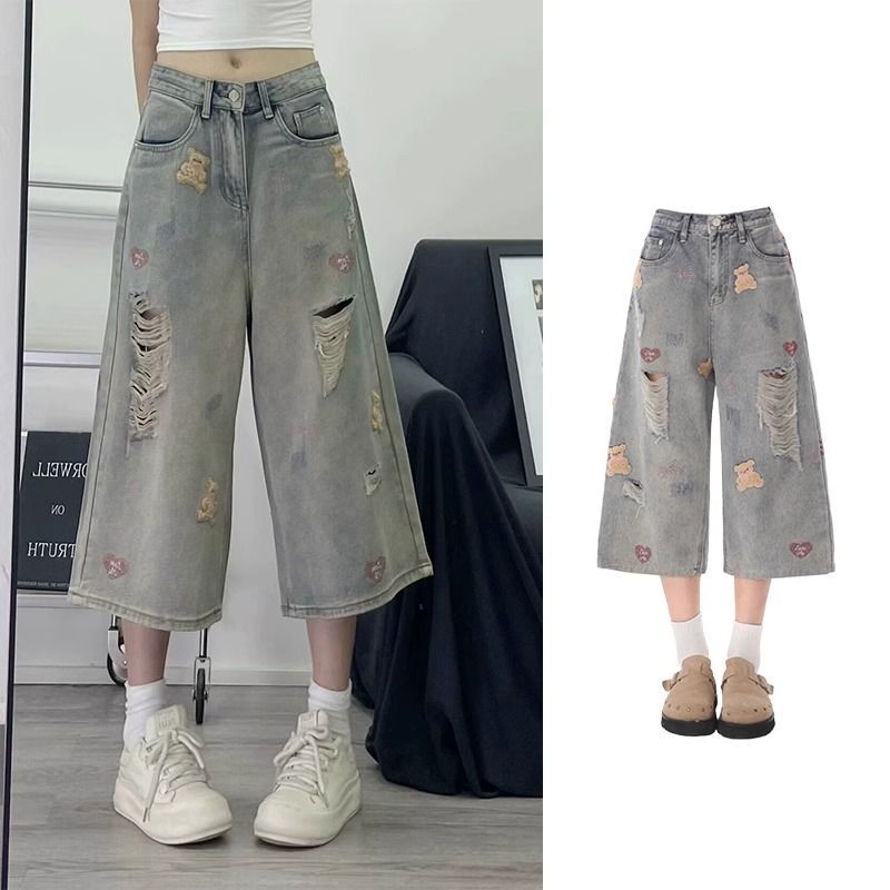 Ripped Bear Design Denim Cropped Pants for Women Embroidered Summer New Large Size Slimming Loose Wide Leg Shorts