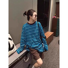 美式慵懒风蓝色条纹长袖t恤女2025早秋装oversize高街防晒衫上衣