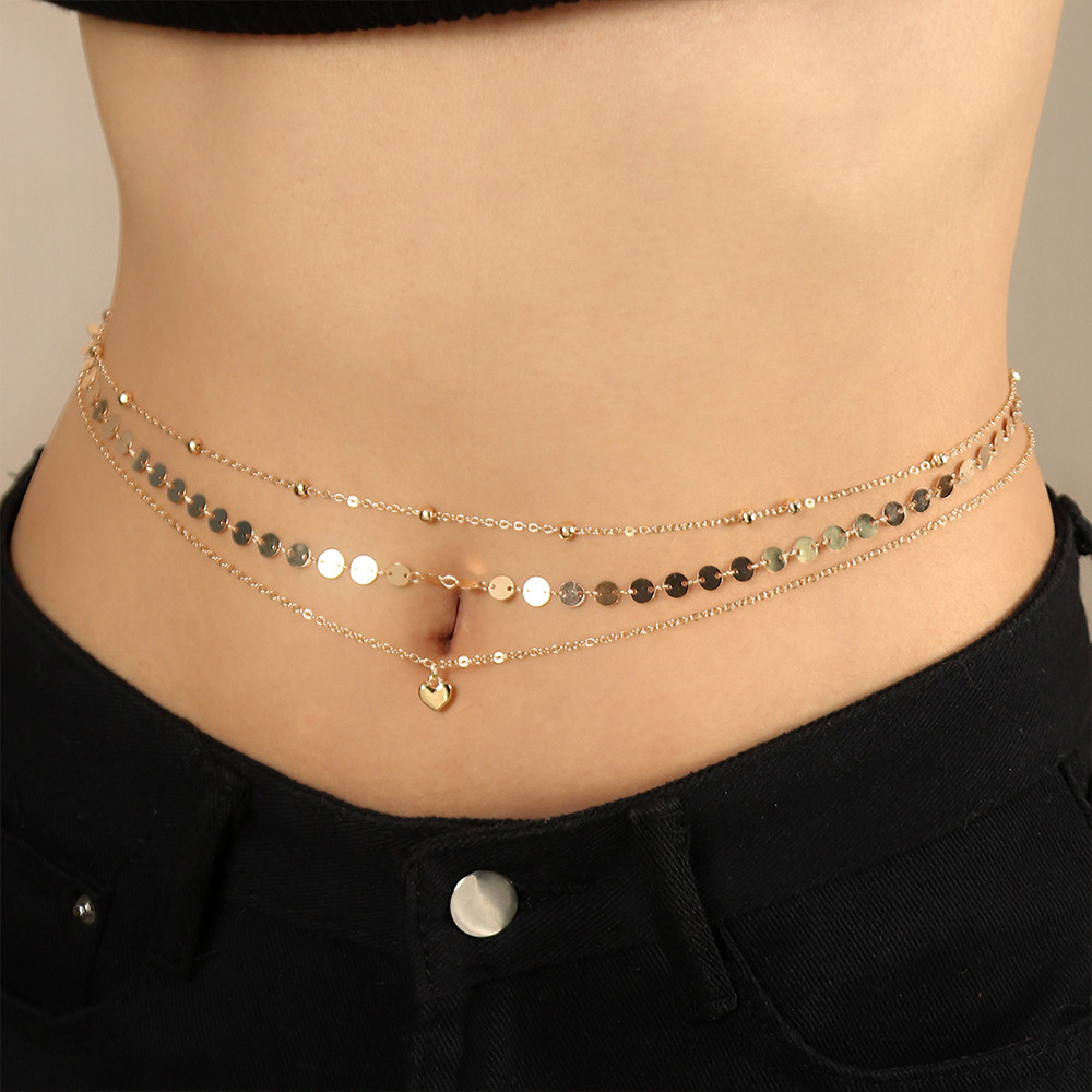 Fashion Summer Belly Button Disc Sparkling Heart Pendant Multi-layer Female Waist Chain display picture 1