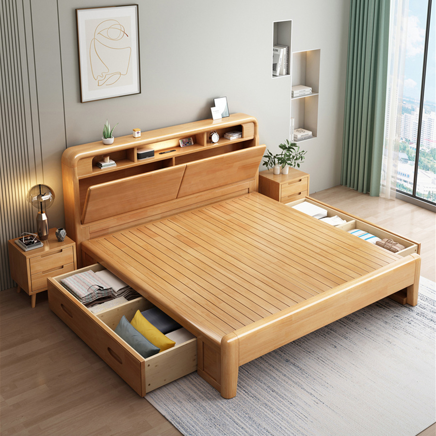Nordic Solid Wood Bed Modern Minimalist Night Light Small Apartment 1.5m Single Bed 1.8m Master Bedroom Double Bed Storage Wedding Bed
