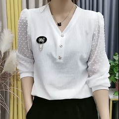2025 春夏新作無地長袖シャツ女性のための韓国スタイルルーズ痩身 V ネック高弾性軽量ニットボトムシャツ
