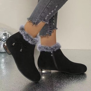 Foreign trade cross-border 2024 autumn and winter short boots women's thick heel fleece-lined cotton shoes fashion round head flat heel plus size women's boots warm