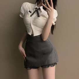 纯欲风JK制服白色收腰辣妹衬衫女学院风包臀裙盐系穿搭两件套夏装