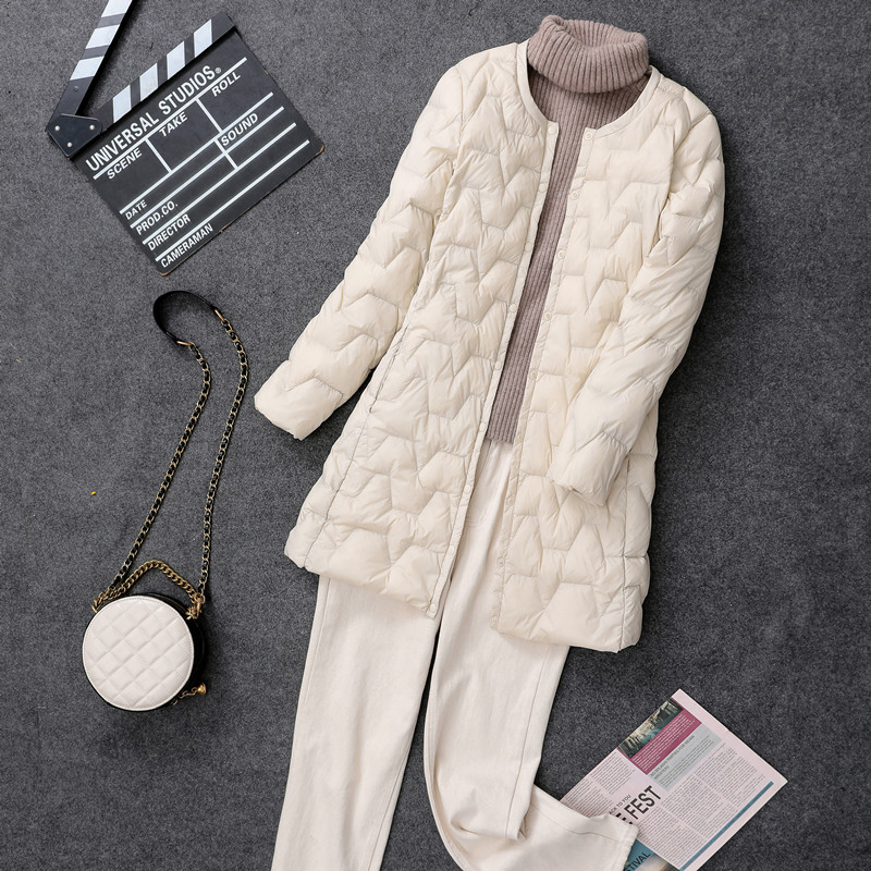 2024 가을과 겨울 새로운 경량 다운 재킷 여성용 칼라리스 중간 길이의 코트 경량 라운드 넥 슬림 핏 트렌디 이너 라이너