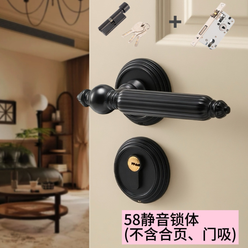 法式银色门锁卧室室内磁吸静音房门锁中古风亮铬木门把手分体锁具|undefined
