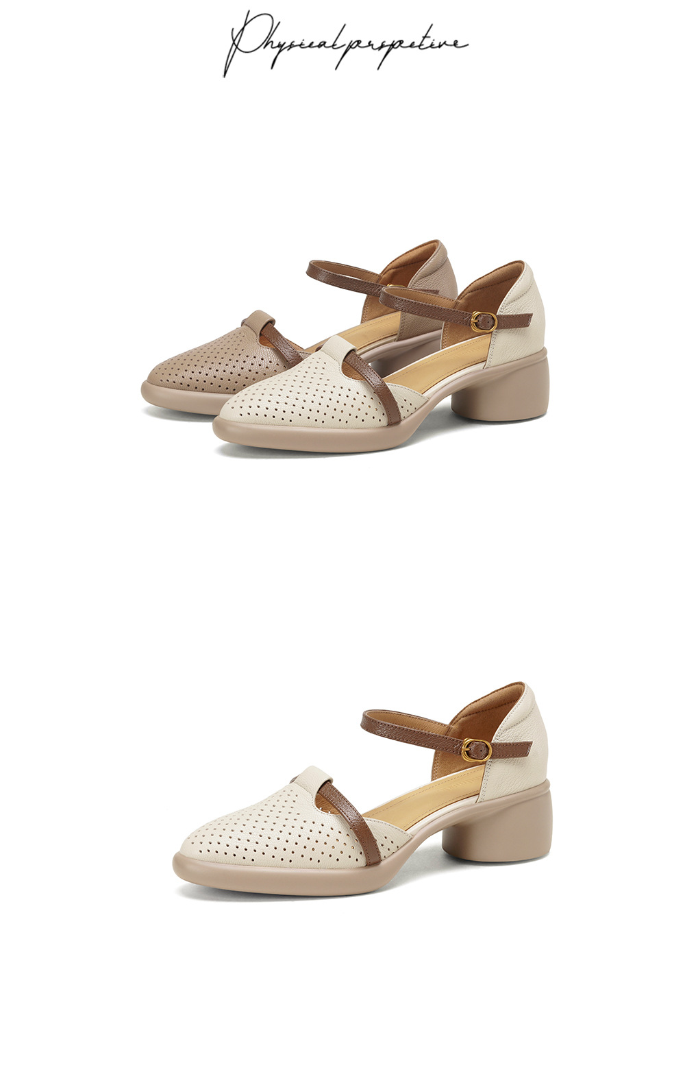 Sandal nữ quai ngang da dê mũi tròn gót vuông cao 9 cm — màu trắng ngà chi tiết 16