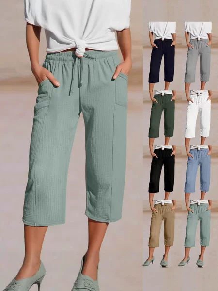 2025 Spring/Summer European and American Amazon Independent Station Cross-Border Foreign Trade Women's Cotton and Linen Solid Color Elastic Waist Pleated Capri Pants