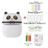 Black Panda printer (comes with one roll of printer) + 5 rolls of printing paper + 5 rolls of stickers + 3 rolls of color + colored pens + stickers