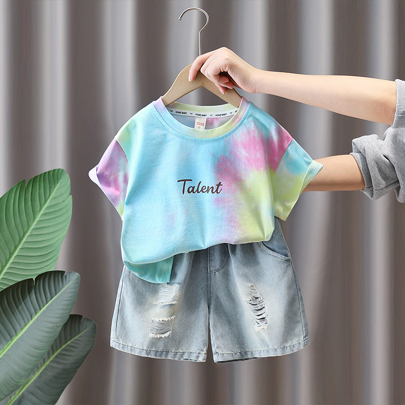 7298 Traje de manga corta para niños 2025 Nuevo estilo Niño Verano impreso Moda Pantalones cortos de mezclilla Verano de dos piezas