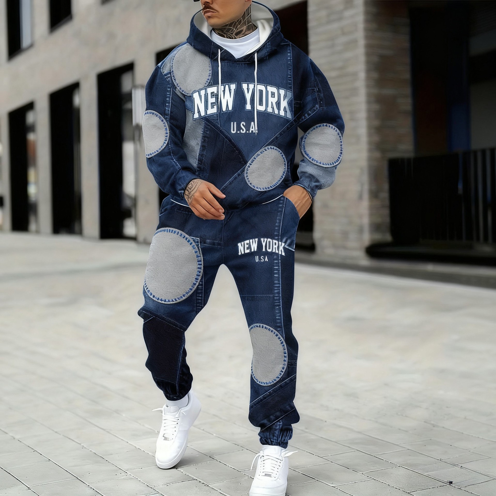 Ensemble sweat à capuche et jogging homme effet denim noir_voghion.com