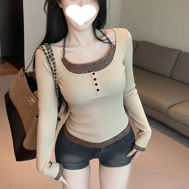美式豹纹复古长袖拼接甜辣假两件秋季上衣修身新款显瘦打底T恤女