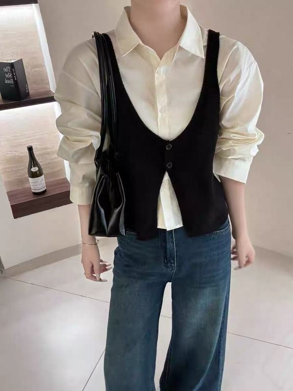 新款V领针织背心马甲两件套女休闲百搭衬衫套装|undefined