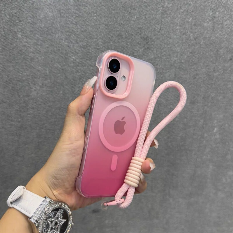 无边框渐变色适用苹果16promax磁吸手机壳iPhone15肤感磨砂带手绳|undefined