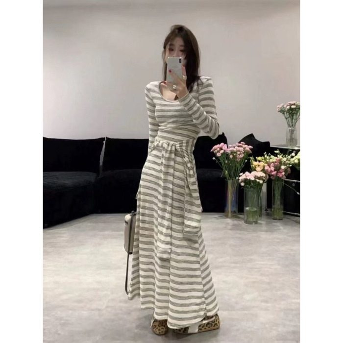 韩版复古条纹连衣裙女2025秋冬新款时尚气质百搭显瘦长袖打底裙子|undefined