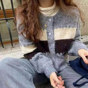 韓國外穿2021春秋新款時尚小清新拼色條紋短款毛衣針織開衫女潮