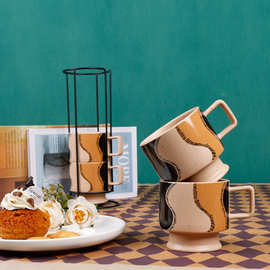 日式叠杯质感至上马克杯家用简约可叠放咖啡杯情侣早餐陶瓷铁架