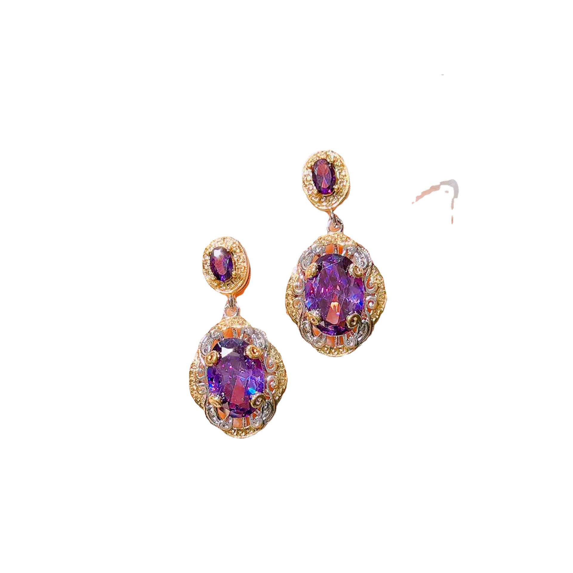 Traje de diamante púrpura artesanal en tono dorado retro italiano colgante de amatista oro de doble color anillo abierto pendientes coloridos del tesoro